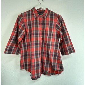 Bob Scales Women Plaid Popover Blouse Shirt Medium Red 3/4 Sleeve Collar Casual